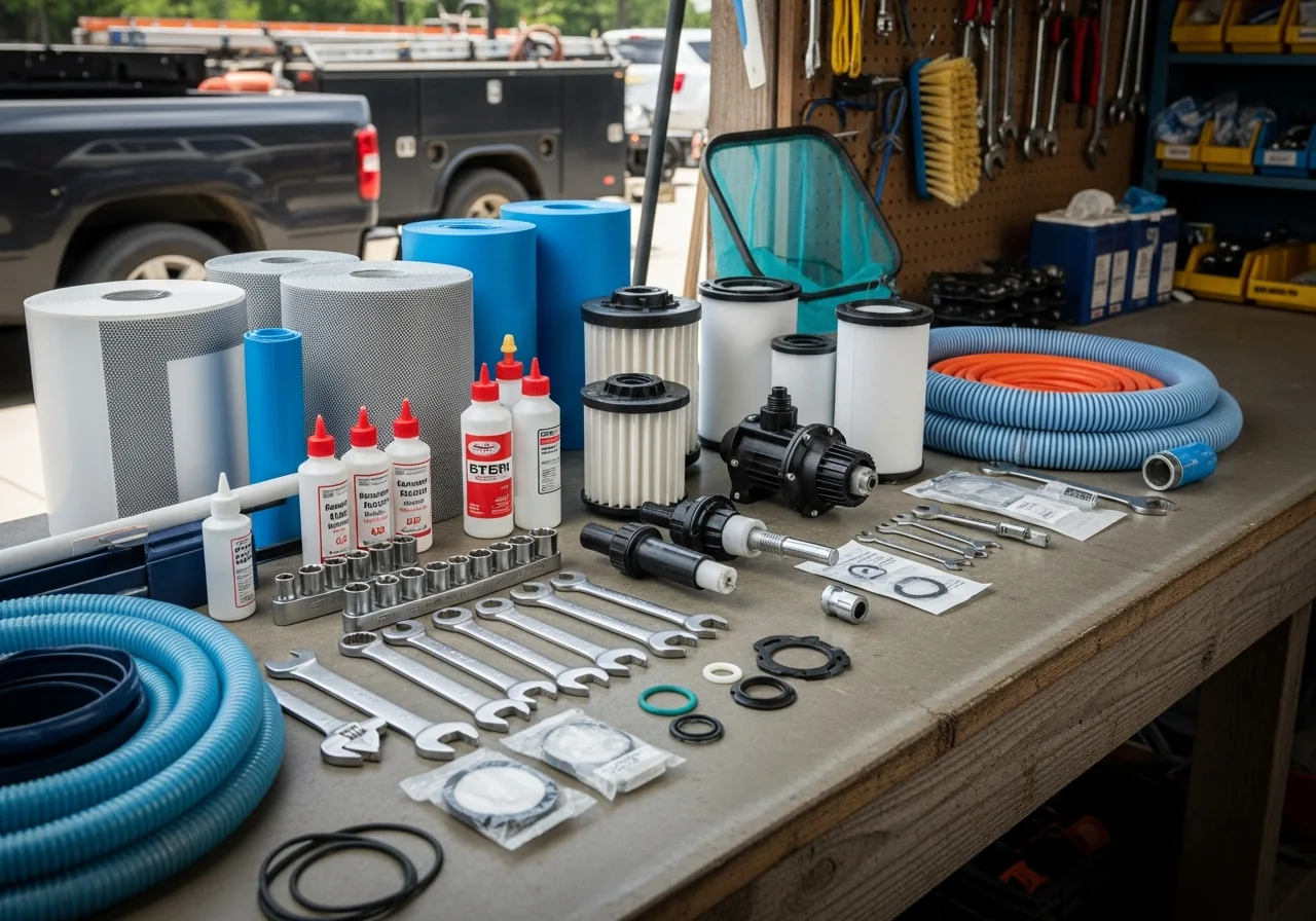 Pool service tools and equipment organized on a work surface, representing professional pool maintenance and repair capabilities.