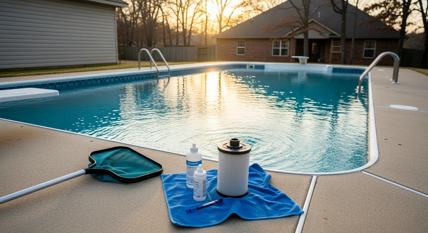 Pool technician performing seasonal pool opening maintenance