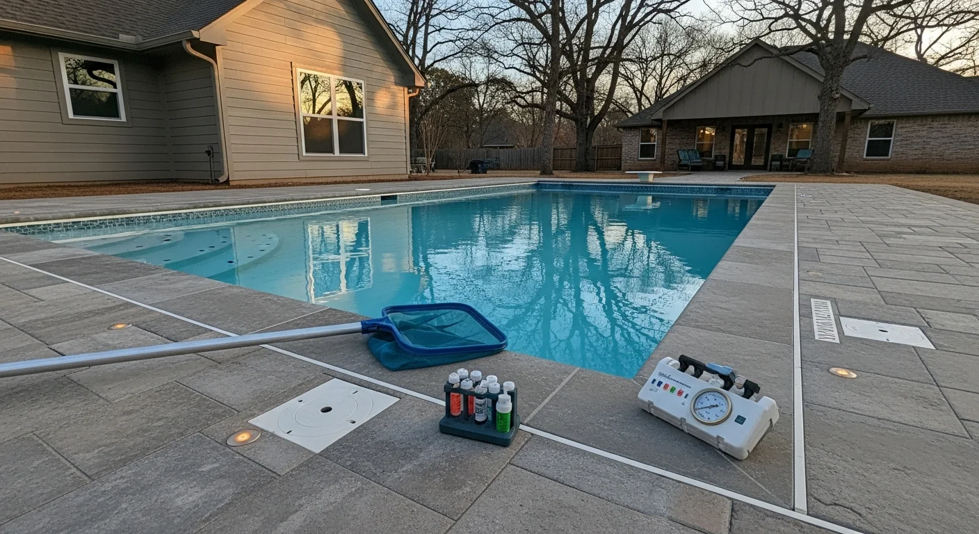 Completed residential pool remodeling project with new concrete deck