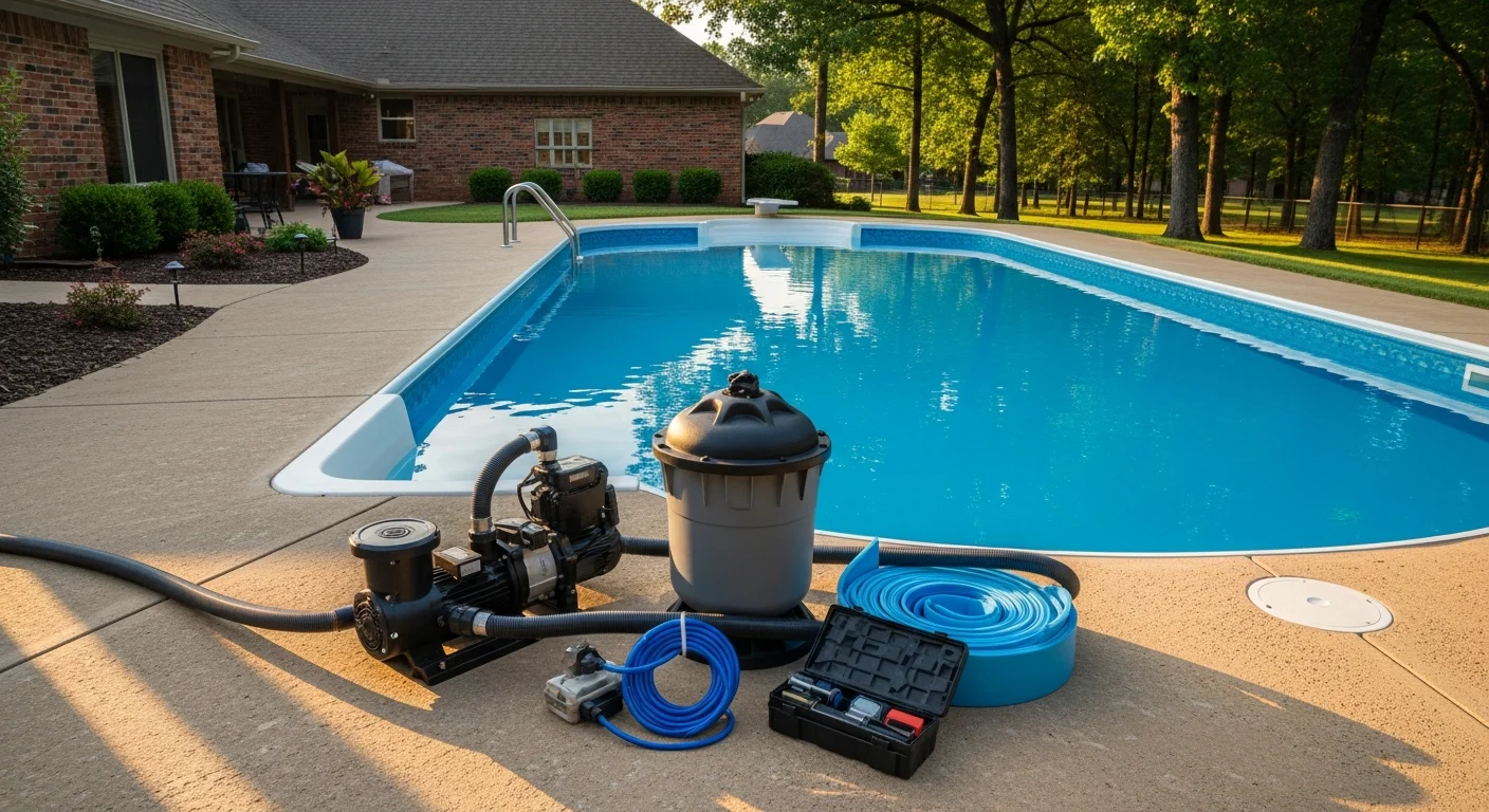 Swimming pool repair technician working on residential pool equipment