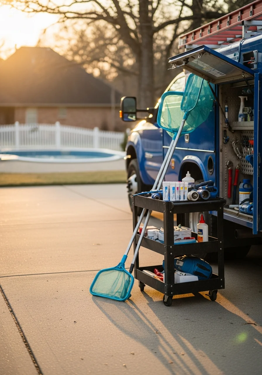 Maumelle technician in uniform with service equipment on a residential property driveway.