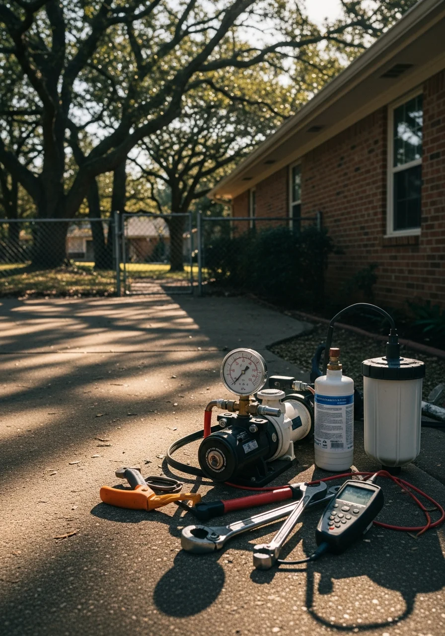 North Little Rock technician in work uniform holding service tools on a residential driveway.