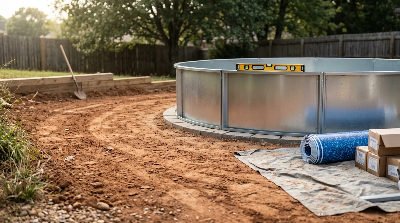A newly installed above ground pool in a leveled residential backyard in Cabot, Arkansas, with the pool frame and liner fully assembled and ready for use. The surrounding yard shows prepared soil and clear drainage away from the pool base.