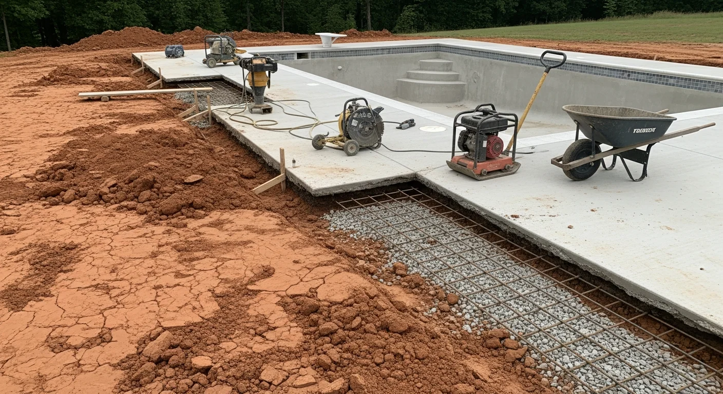 Freshly replaced concrete pool deck surrounding a residential in-ground swimming pool in Cabot, AR, with a textured slip-resistant finish and clean drainage grading along the pool edge. The new surface shows no cracking or uneven sections, with a backyard lawn visible in the background.