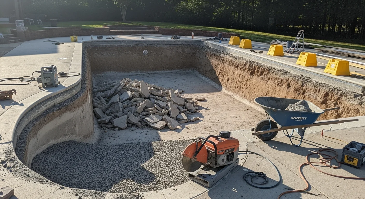 A freshly replaced concrete pool bottom inside a drained inground pool in Cabot, AR, showing a smooth, crack-free surface ready for refilling. The surrounding pool walls and coping remain intact while the new floor reflects clean, even concrete work.