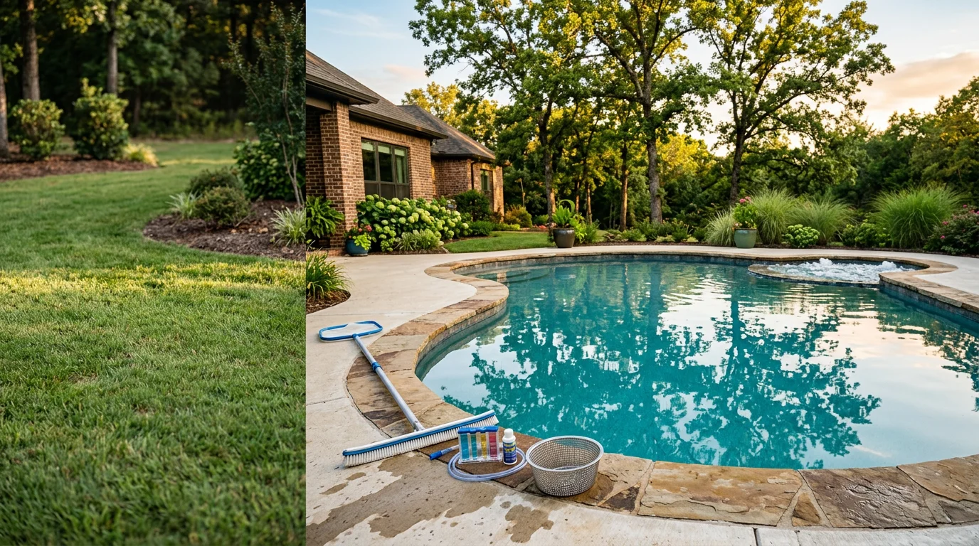 A finished custom inground swimming pool in a residential backyard in Cabot, Arkansas, with clean water and a design fitted to the home's outdoor space. The pool reflects a layout built for Central Arkansas suburban properties.