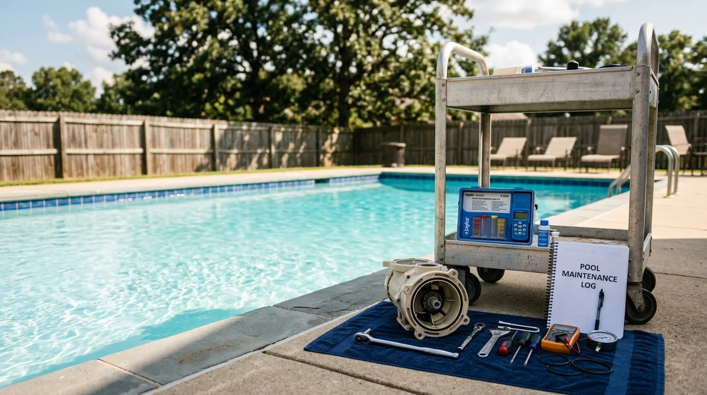 A clear, well-maintained in-ground pool in a Cabot, Arkansas backyard after a general repair and maintenance visit. Pool equipment and water are in clean, working condition on a sunny day.