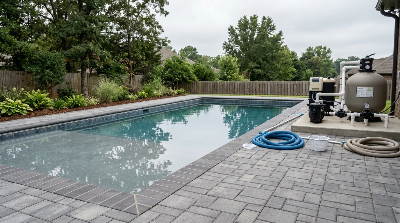 A newly installed inground pool in a residential backyard in Cabot, Arkansas, with freshly graded soil and a concrete pool surround. The pool is filled and ready for use, set against a typical central Arkansas suburban yard.