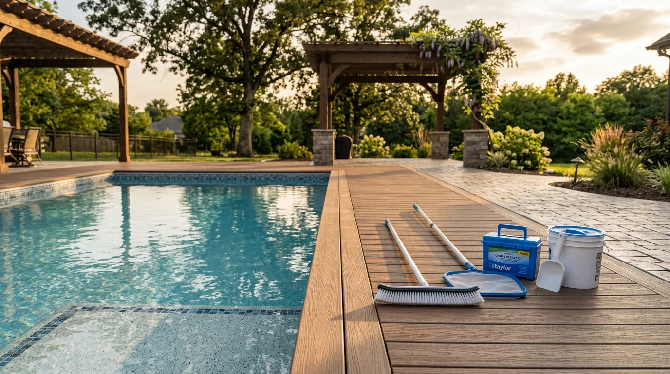 A finished backyard outdoor living space in Cabot, Arkansas, featuring a pool with surrounding hardscape decking and a shaded seating area. The space connects the pool to the rear of a suburban home with defined walkways and a structured gathering area.
