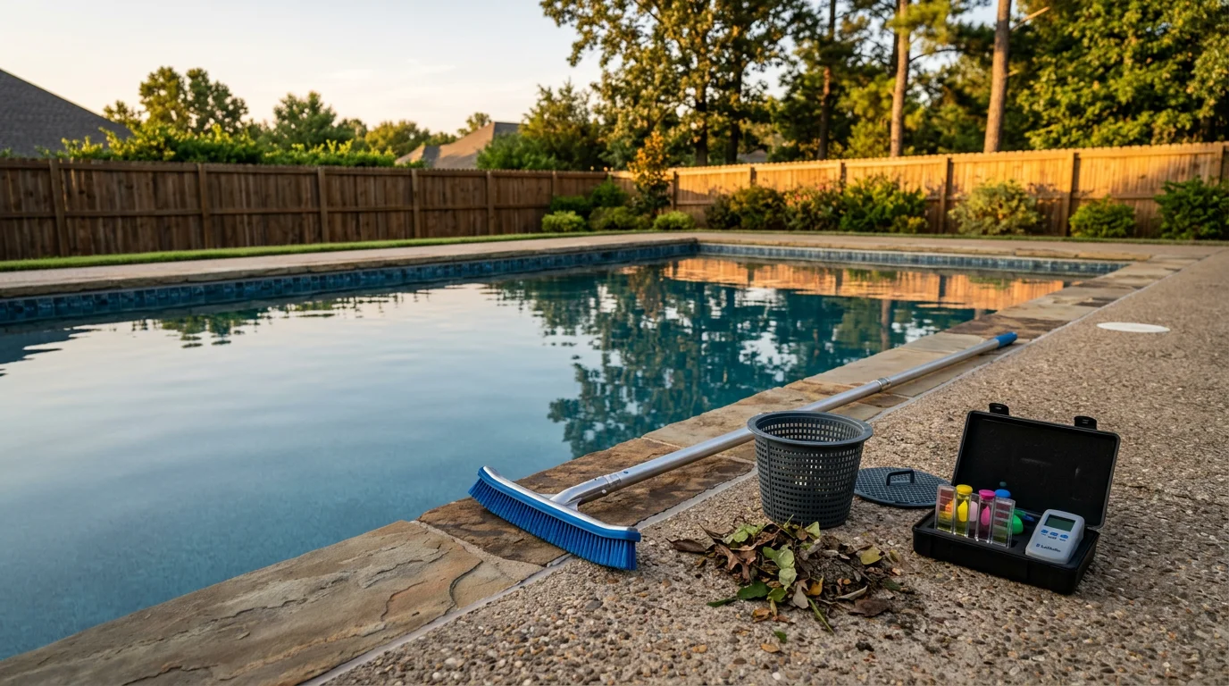 A clean residential in-ground pool with clear blue water in a backyard in Cabot, Arkansas. An Anderson Pools technician tends to the skimmer basket poolside on a sunny summer day.