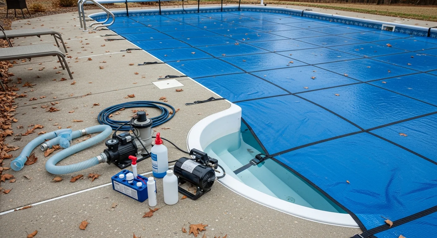 A residential inground pool in Cabot, Arkansas covered with a fitted winter safety cover after a professional pool closing service. The pool deck is clear and the equipment pad is shut down and secured for the winter season.