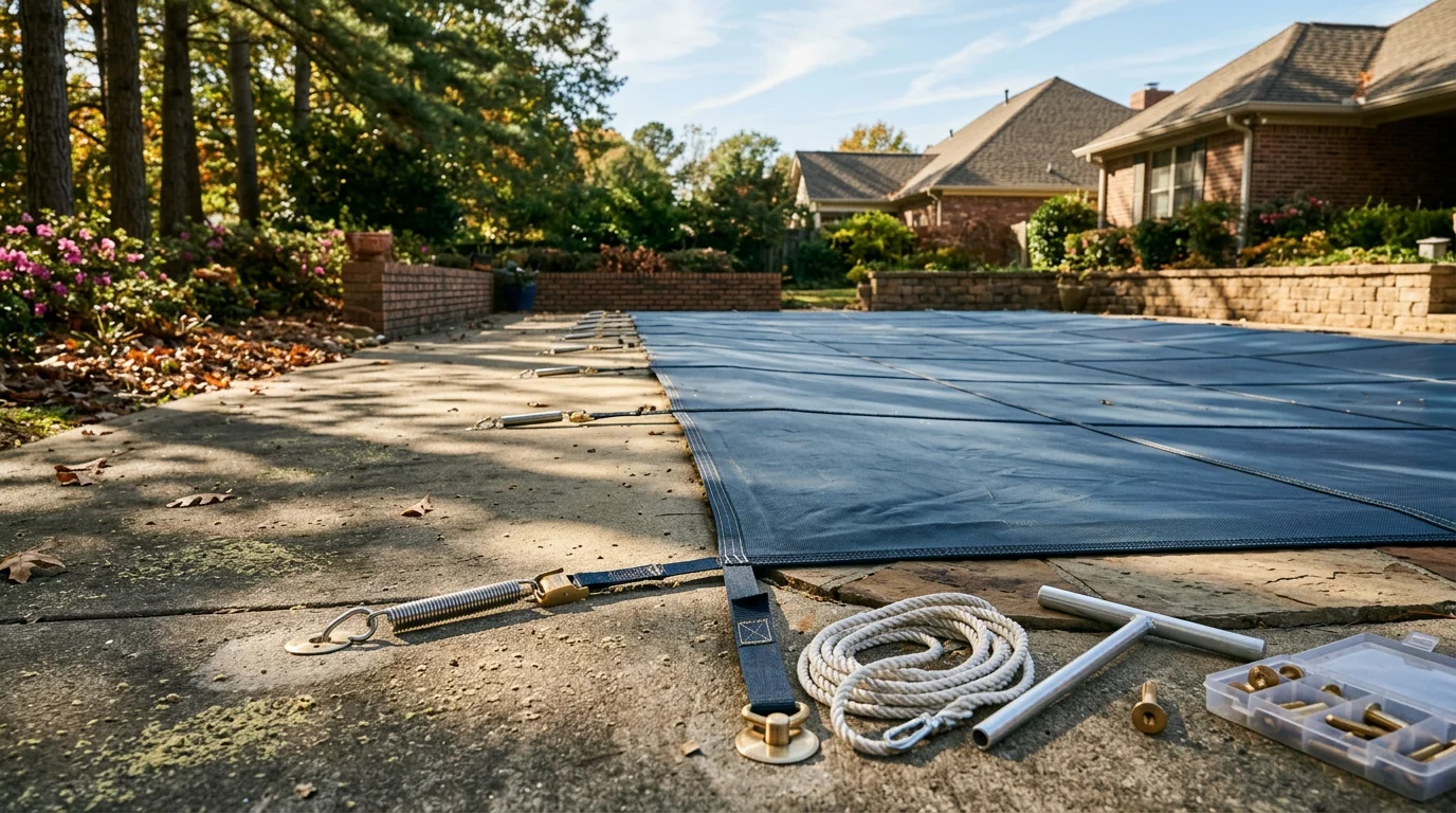 A fitted pool cover installed over an in-ground backyard pool at a residential home in Cabot, Arkansas. The cover sits flat and secure across the full surface of the pool with the surrounding yard visible.