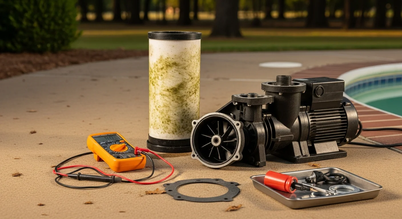 A pool equipment pad at a residential Cabot, Arkansas home showing a pump and filter unit being inspected during a repair visit. The backyard pool is visible in the background under a clear summer sky.