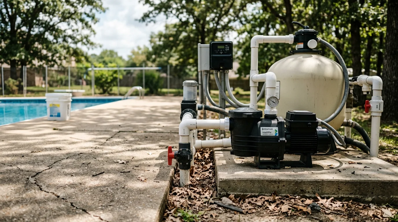 A residential inground pool equipment pad in Cabot, Arkansas showing a newly installed pump and filter system. The backyard pool is clear and ready for use in the summer heat.