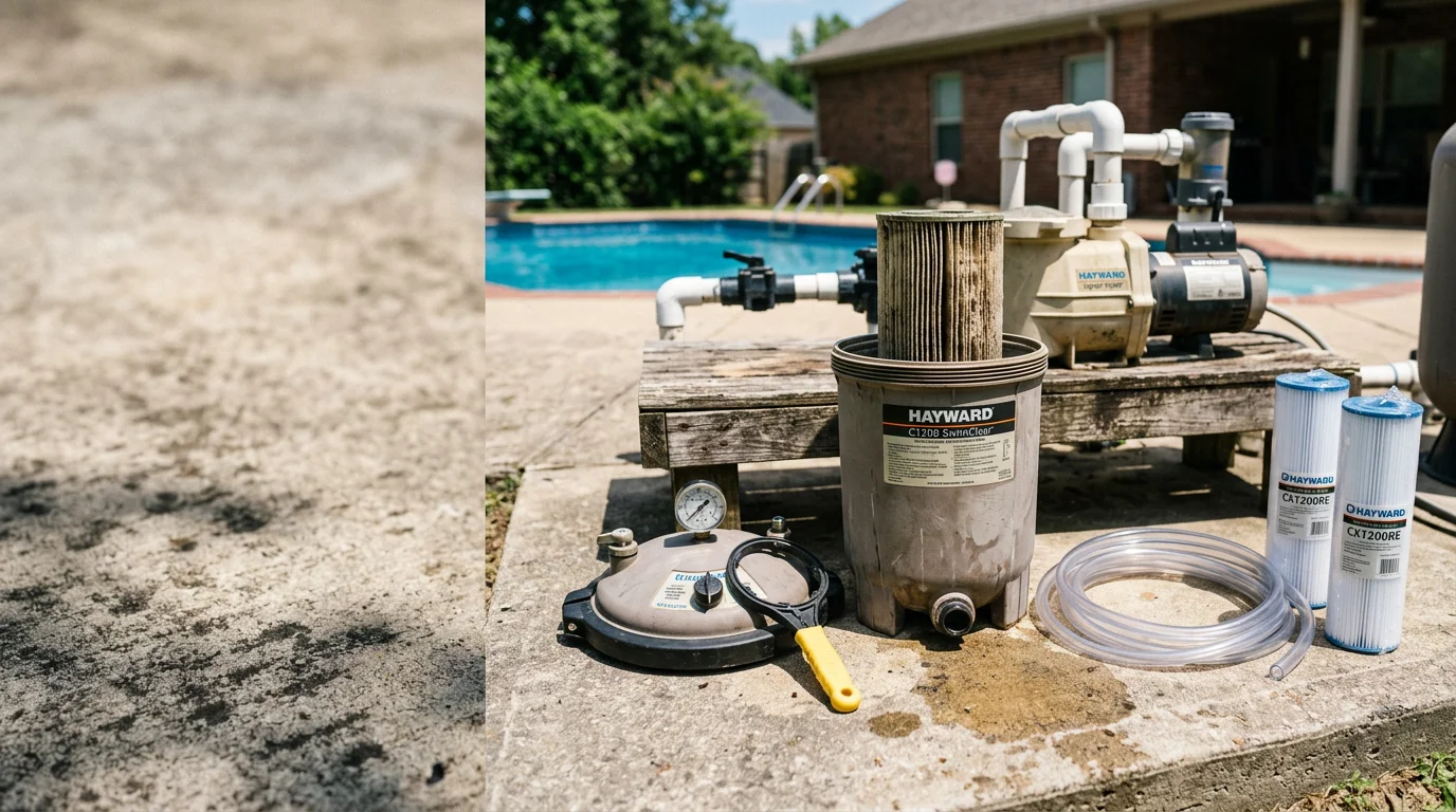 A pool filter unit on a residential equipment pad in Cabot, Arkansas, showing a clean housing and clear water in the pool behind it. A pool service technician inspects the filter pressure gauge during a repair visit.
