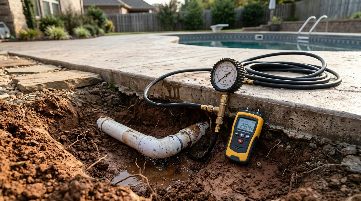 A pool technician inspecting the skimmer and deck area of a residential inground pool in Cabot, Arkansas for signs of a water leak. The pool deck shows damp soil along the edge, indicating a potential underground plumbing or shell leak.