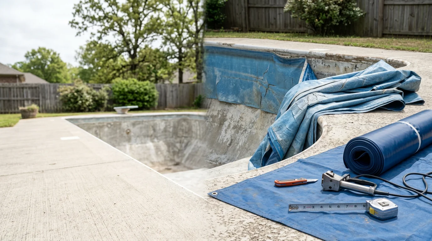 A freshly installed vinyl pool liner in an in-ground pool in Cabot, Arkansas, showing clean, wrinkle-free walls and a clear waterline. The surrounding backyard reflects a typical Central Arkansas residential setting.