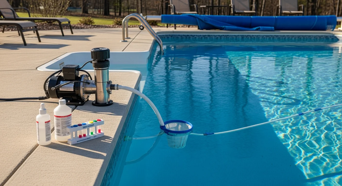 A residential inground pool in Cabot, AR with the winter cover removed and clear, balanced water ready for the swim season. A pool technician from Anderson Pools checks the pump and filter equipment poolside during a spring opening service visit.