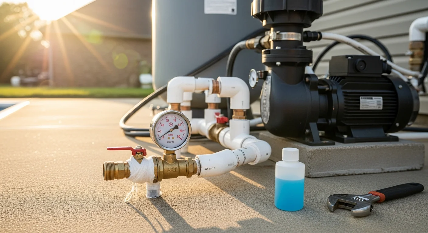 A pool technician inspecting exposed plumbing fittings and return line connections at the equipment pad of a residential inground pool in Cabot, AR. The pool water is visible in the background on a clear Arkansas summer day.