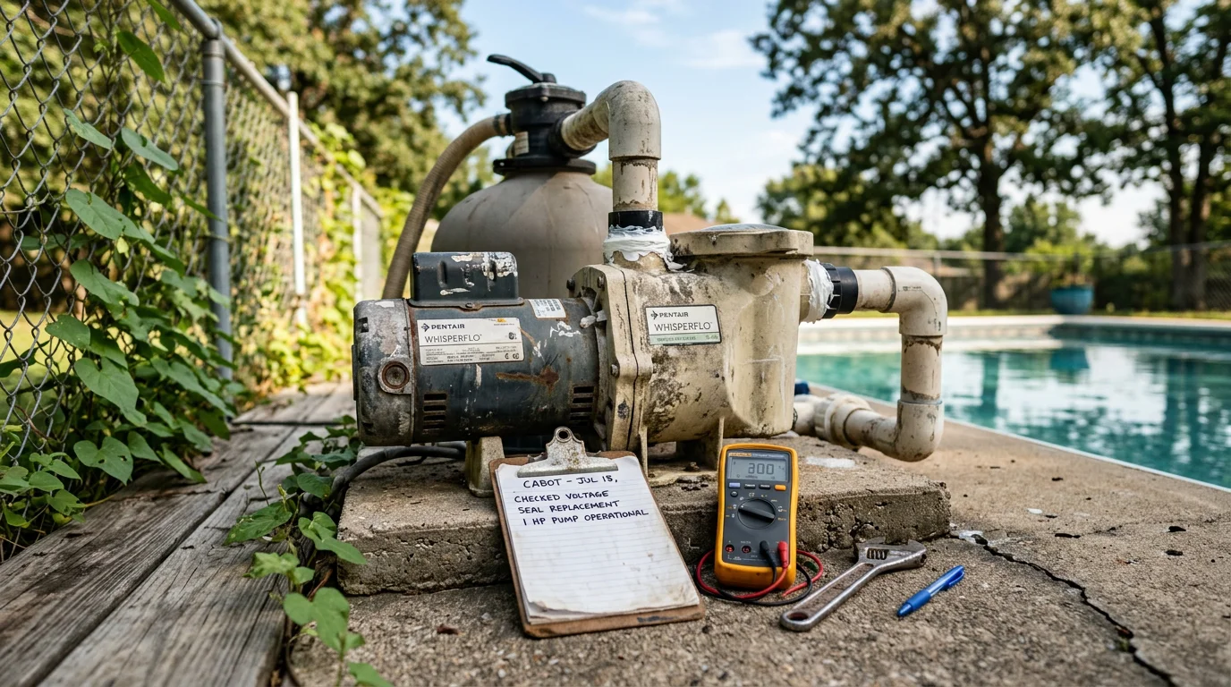 A residential pool pump unit being inspected and repaired in a backyard in Cabot, Arkansas. The pool behind it shows clear blue water after the pump was restored to proper working order.