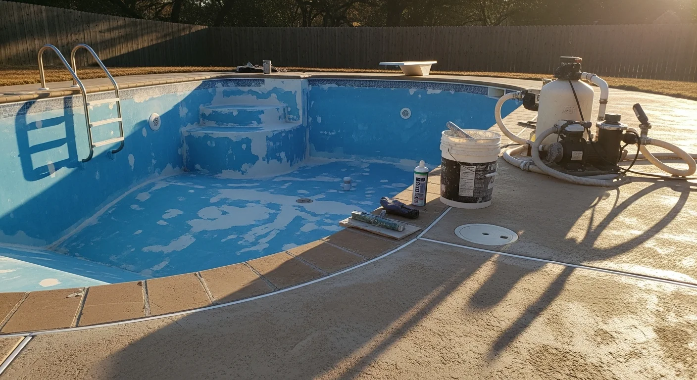 A restored inground swimming pool in a Cabot, Arkansas backyard showing a clean, smooth interior surface and clear water. The surrounding deck area reflects the warm summer conditions typical of Lonoke County.