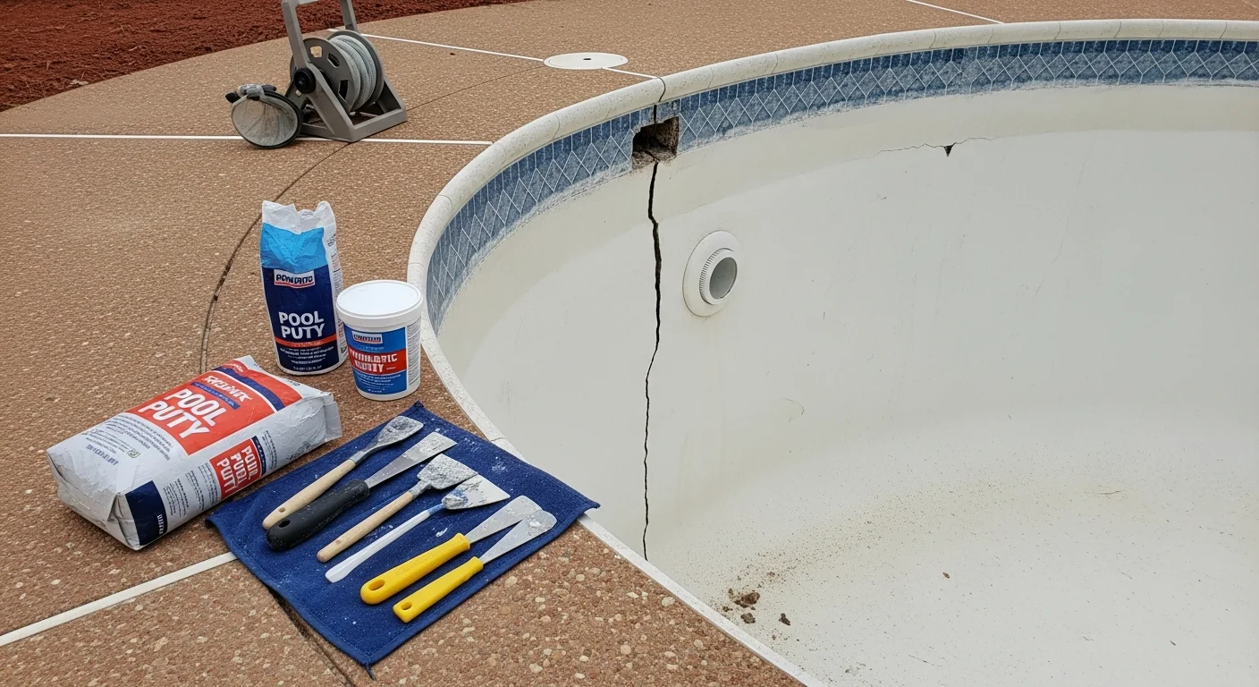 A repaired inground pool shell in a Cabot, Arkansas backyard showing a smooth, crack-free surface along the pool wall and floor. The pool is filled with clear water and ready for use after structural crack repair.