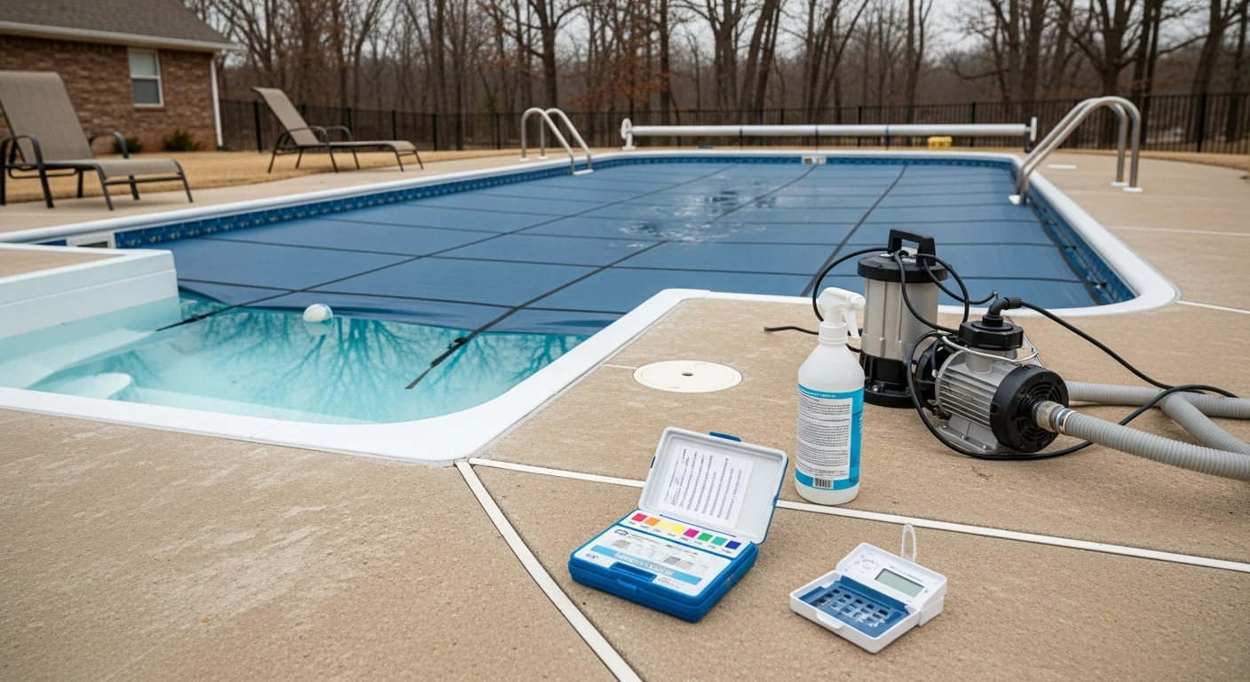A residential inground pool in Cabot, Arkansas with a secured winter cover installed and pool equipment fully closed for the season. The surrounding yard shows fall conditions with the pool deck clear and the cover fitted tightly around the pool edges.