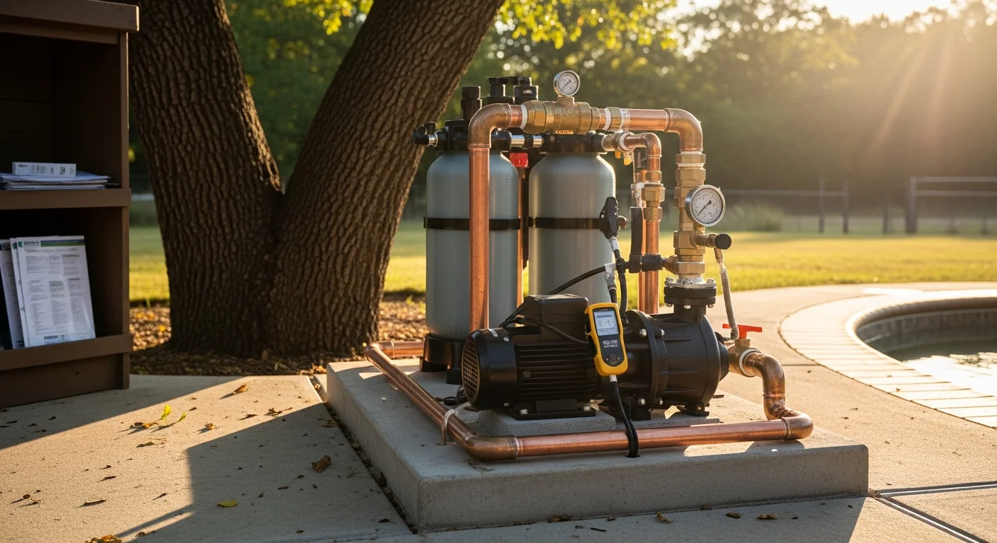 A newly installed pool pump and filter unit beside an inground pool in a Cabot, Arkansas backyard. Clear water is visible in the pool, with the equipment pad showing clean plumbing connections and a properly mounted filter tank.