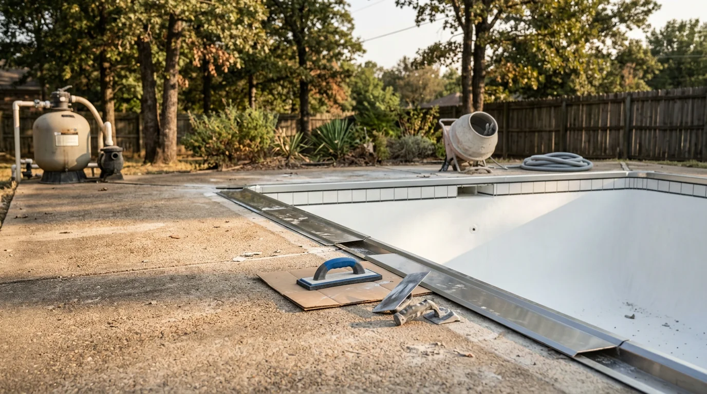A freshly resurfaced in-ground swimming pool with updated coping and clean tile in a residential backyard in Cabot, Arkansas. The pool interior shows a smooth, even finish with no visible staining or surface wear.
