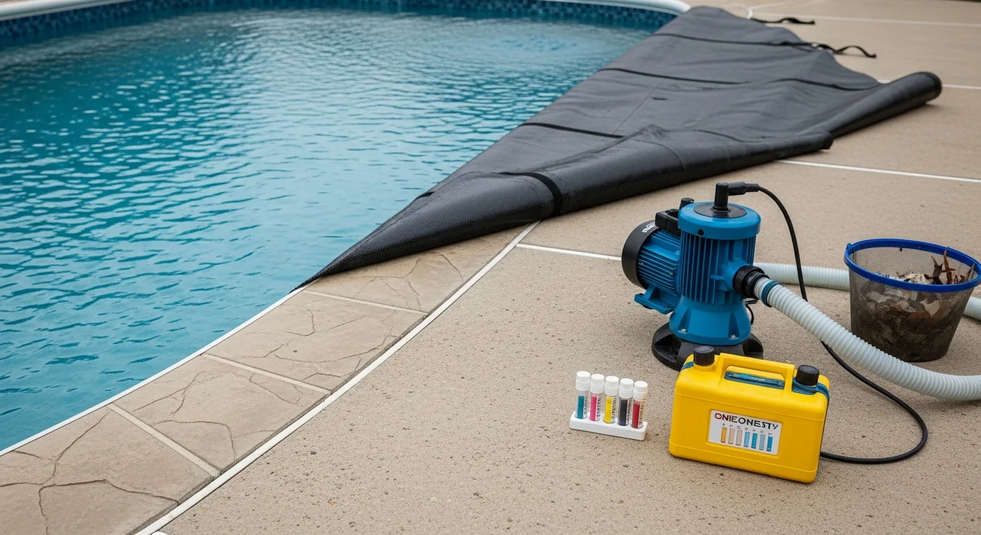 A clean residential swimming pool in Cabot, Arkansas with clear blue water and pool equipment visible poolside during a seasonal maintenance visit. A pool professional inspects the pump and filter system as part of a spring opening service.