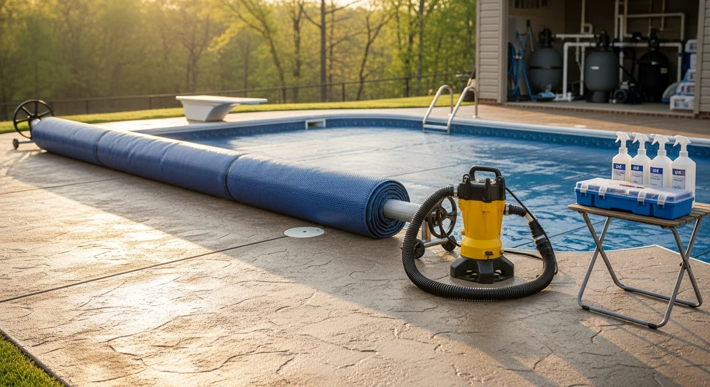 A residential backyard pool in Cabot, Arkansas being prepared for the spring season, with a pool technician inspecting the pump equipment and the water surface clear and freshly treated. The pool cover has been removed and folded to the side of the deck.