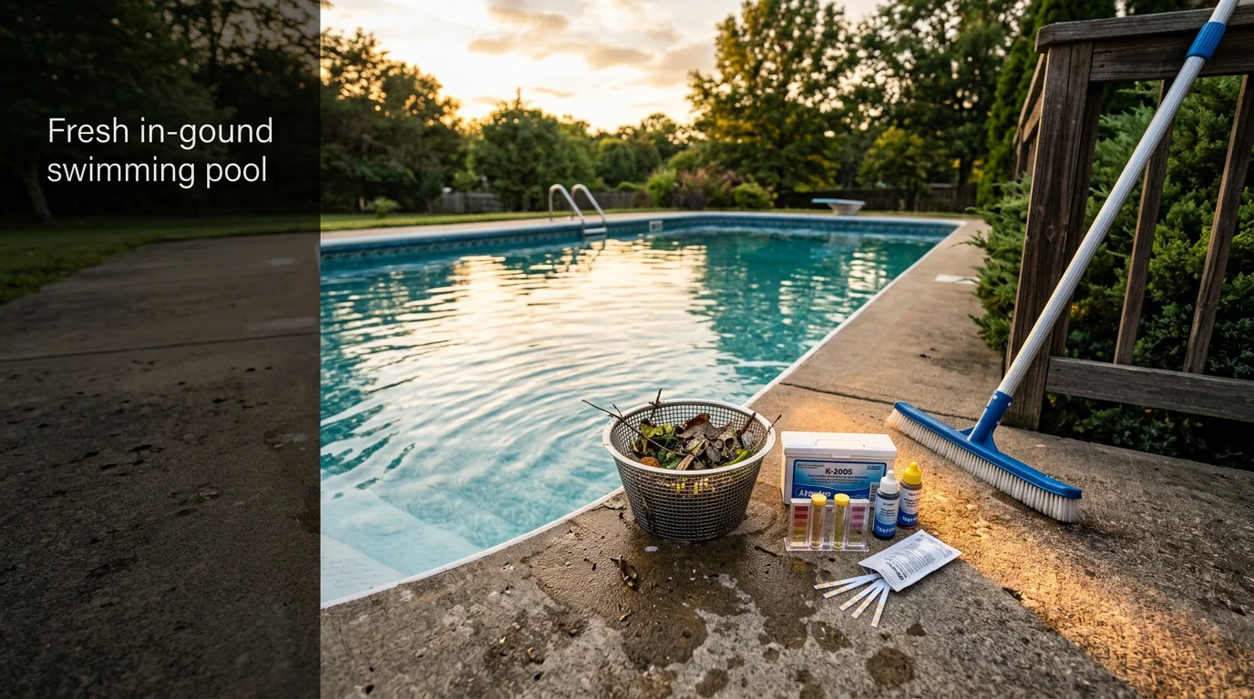 A clear, blue in-ground swimming pool with clean water and a well-maintained deck in a residential backyard in Cabot, Arkansas. A pool technician checks equipment near the pool pad on a sunny day.