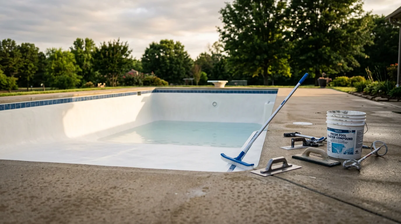 A freshly resurfaced in-ground swimming pool interior showing a smooth, clean finish on the floor and walls. The pool is located in a residential backyard in Cabot, Arkansas.