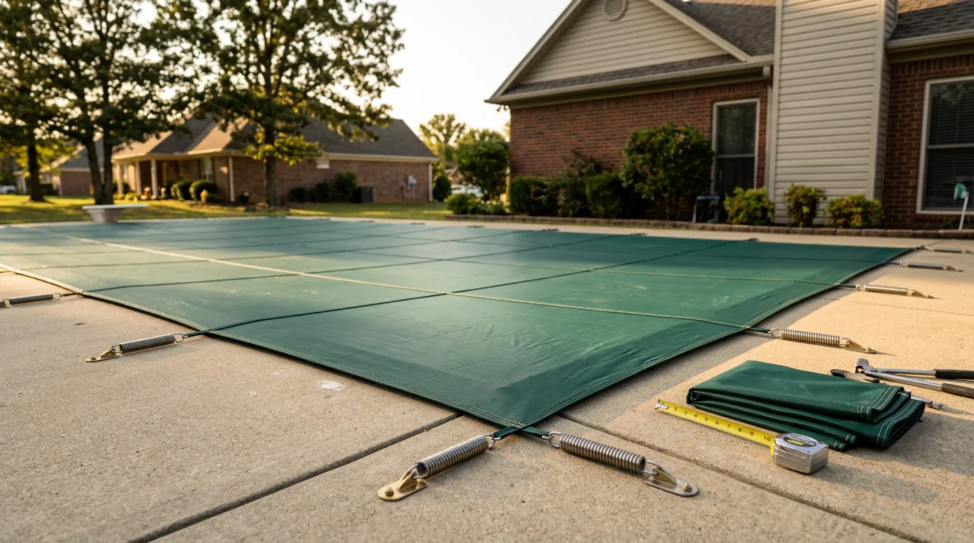 A tightly fitted swimming pool safety cover anchored across an inground pool in a residential backyard in Cabot, Arkansas. The cover is pulled taut to the pool deck with no gaps along the edges.