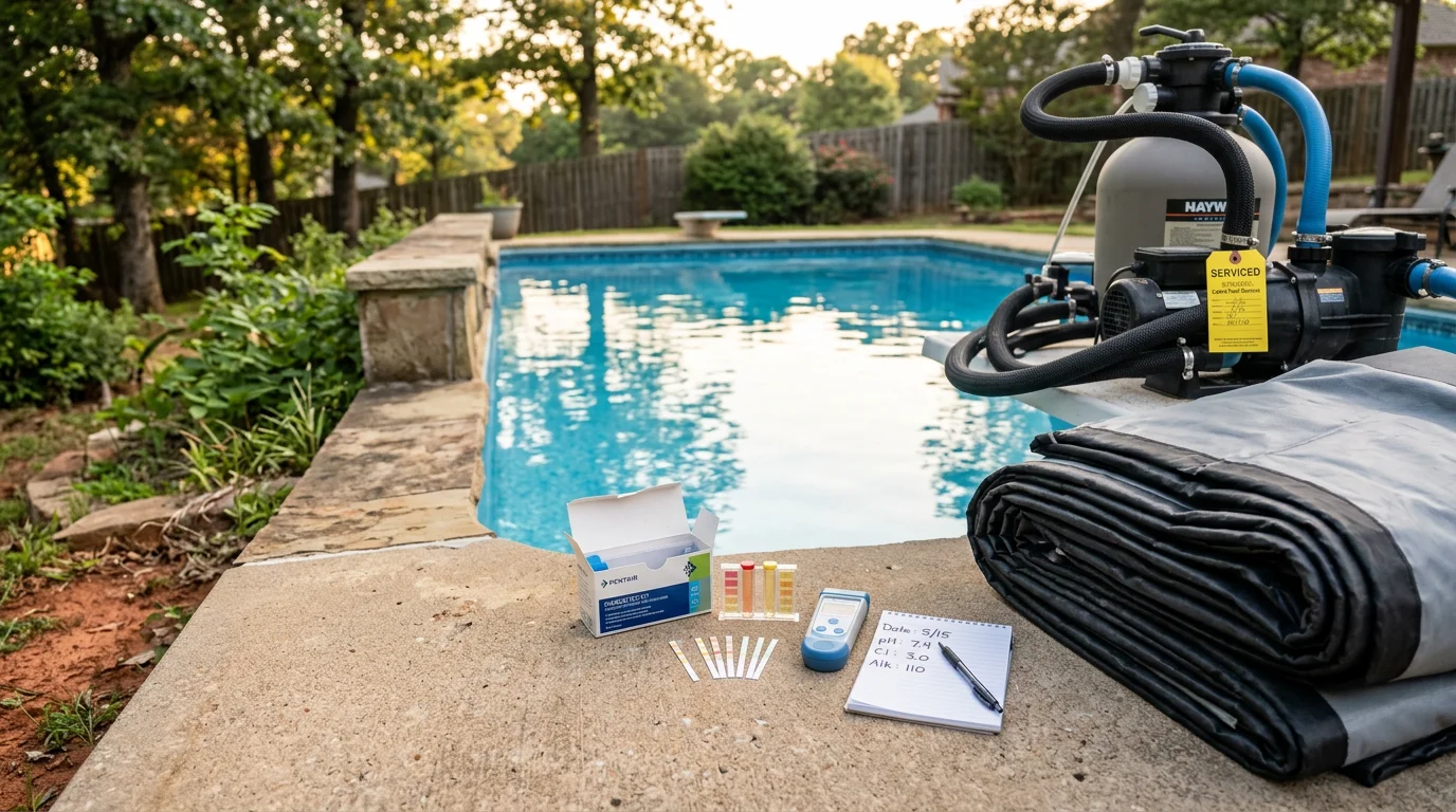 A clean, clear residential swimming pool in Cabot, Arkansas with the winter cover removed and water ready for summer. Pool equipment is visible and running alongside a backyard pool freshly summerized by Anderson Pools.