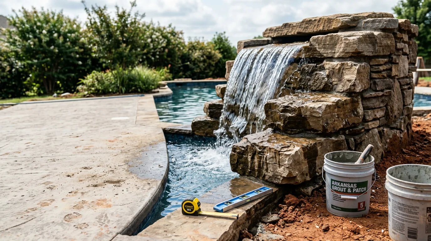 A residential backyard pool in Cabot, Arkansas with a built-in rock waterfall cascading into the pool. The water feature is integrated into the pool deck with surrounding landscaping visible in the background.
