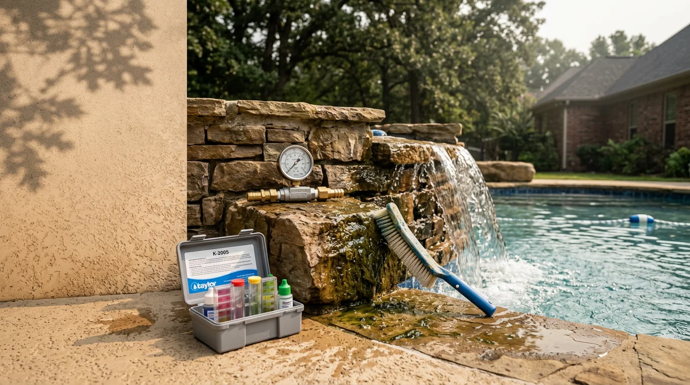 A residential pool water feature in Cabot, Arkansas showing a clean stone waterfall with steady, even water flow into a clear blue pool. The feature surfaces are free of scale and algae after professional maintenance service.