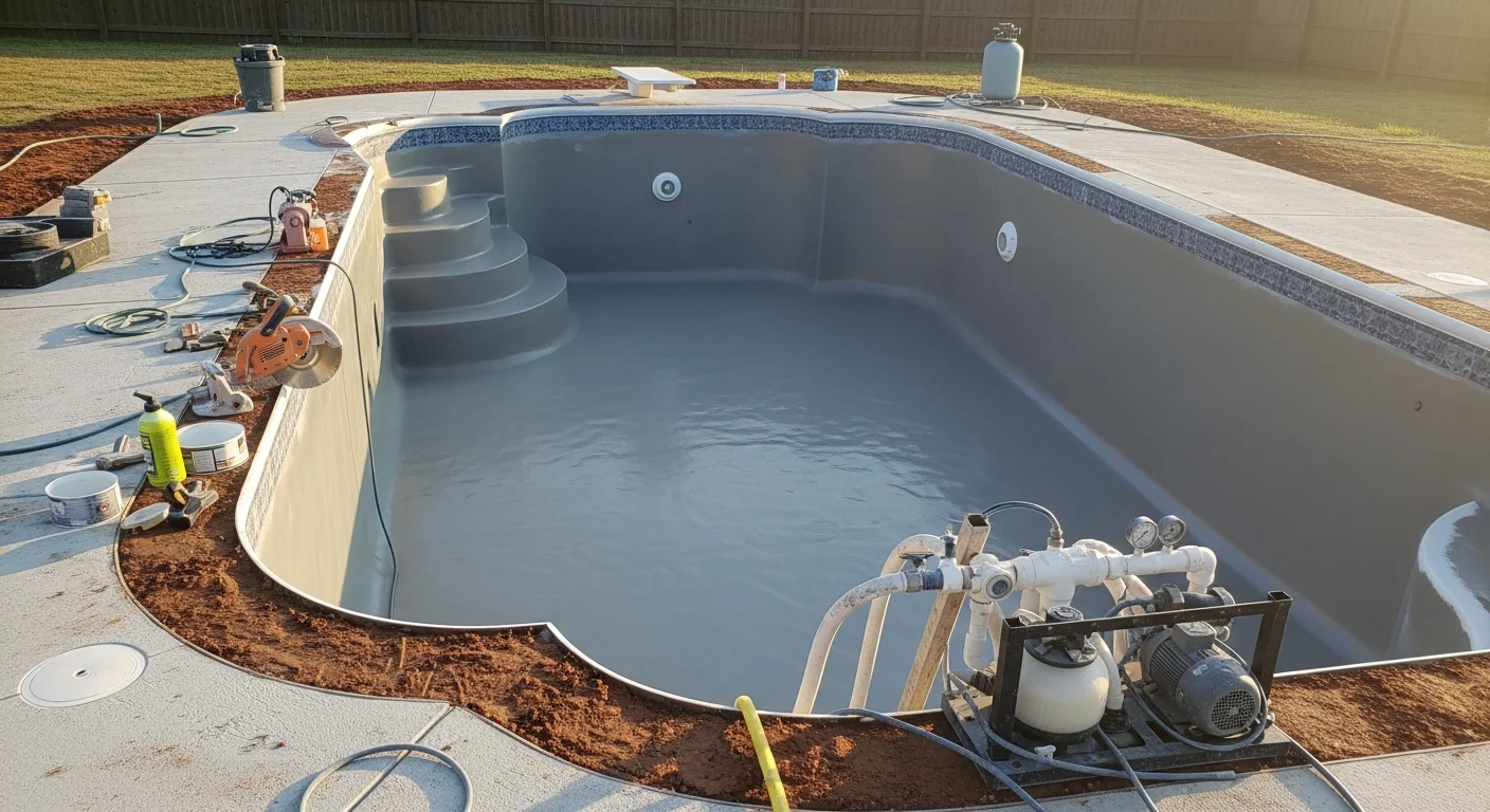 A freshly remodeled inground pool in a Cabot, Arkansas backyard, showing a smooth resurfaced shell, updated coping, and a clean concrete deck. The pool water is clear and the surrounding deck shows no cracking or staining.