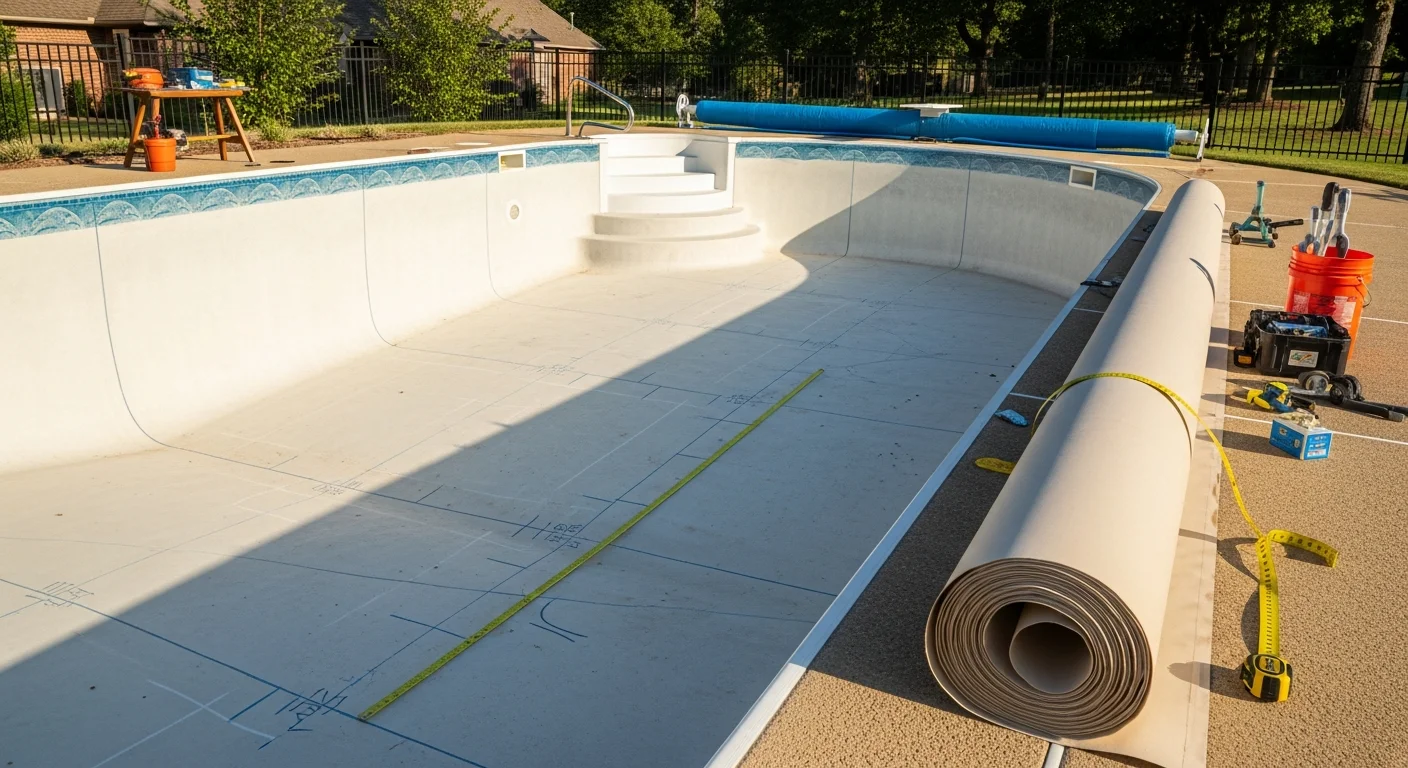 A freshly installed vinyl liner in a residential inground pool in Cabot, Arkansas, showing smooth, wrinkle-free walls and a clean waterline. The backyard setting reflects a typical Central Arkansas home pool after a full liner replacement.