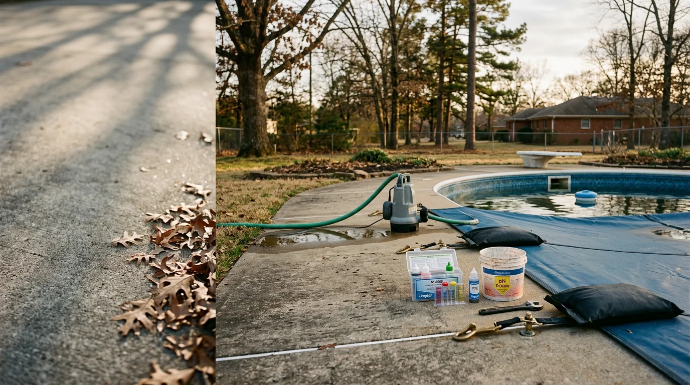 A residential inground pool in Cabot, Arkansas covered with a fitted winter safety cover, with pool equipment drained and secured on the equipment pad beside the pool. The surrounding yard shows fall conditions typical of central Arkansas.